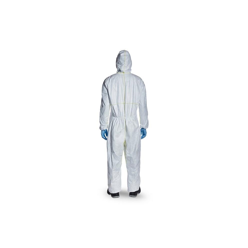 Tuta protettiva, Dupont Tyvek 200, Monouso, III categoria, colore bianca, con cappuccio, indossata da un operatore