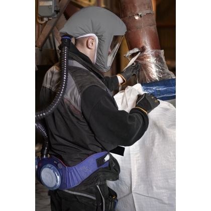 Copricapo, 3M S-333LG, per Versaflo, Copertura testa e viso, colore gricio, taglia grande, indossata da un operatore