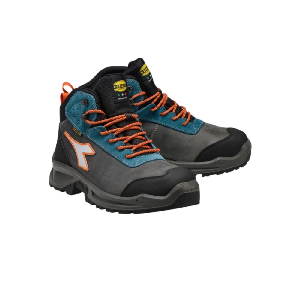 Scarpe antinfortunistiche Diadora Sport Diatex, colore grigia e blu, lacci arancione, suola nera, Calzatura media