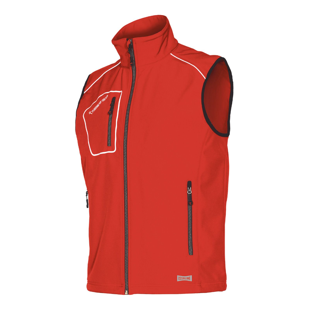 Gilet, ISSA, Snappy, 04509, colore rosso, Softshell, 4 tasche, inserti riflettenti