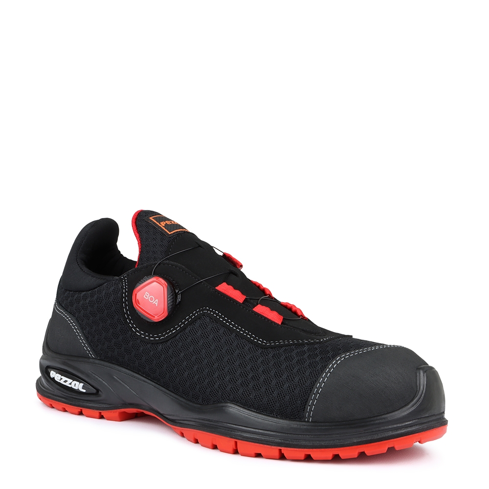 Scarpe antinfortunistiche, Pezzol Indian Cobra, colore nero, chiusura BOA, suola rossa, calzatura bassa, tessuto tecnico