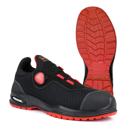 Scarpe antinfortunistiche, Pezzol Indian Cobra, colore nero, chiusura BOA, suola rossa, calzatura bassa, tessuto tecnico
