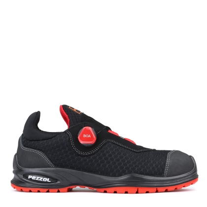 Scarpe antinfortunistiche, Pezzol Indian Cobra, colore nero, chiusura BOA, suola rossa, calzatura bassa, tessuto tecnico