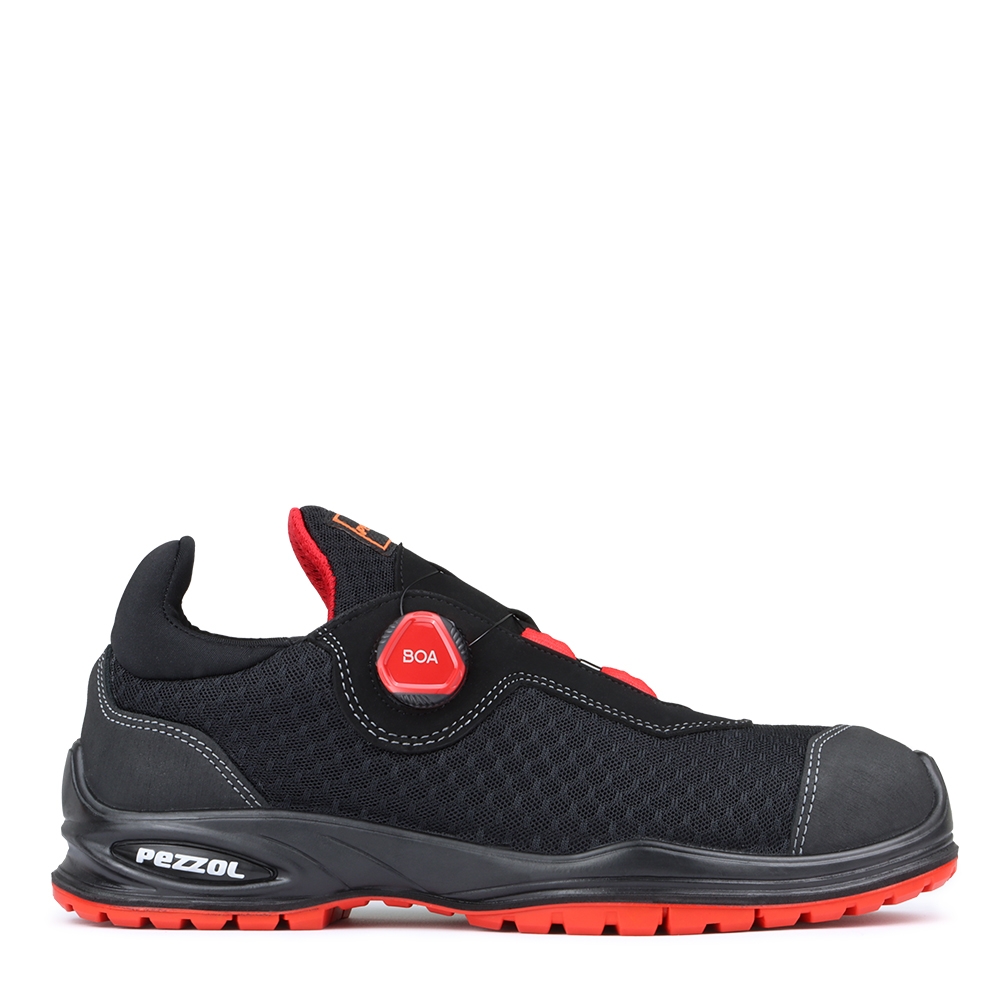Scarpe antinfortunistiche, Pezzol Indian Cobra, colore nero, chiusura BOA, suola rossa, calzatura bassa, tessuto tecnico