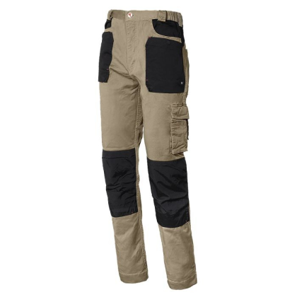 Pantalone, ISSA, Stretch, 8730B, colore beige, tasche nere, in Cotone, con ginocchiere con rinforzi impermeabili