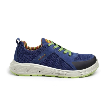 Scarpe antinfortunistiche, Dike Runner Reload, Calzatura bassa, tessuto Pet riciclato, colore blu, lacci verdi, suola verde
