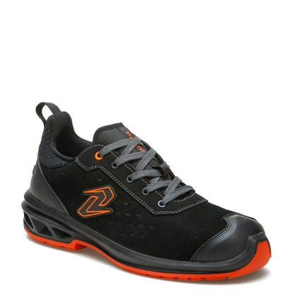 Scarpe antinfortunistiche, Pezzol Jump, colore nero, lacci grigi, suola rossa, Calzatura bassa, pelle velourtech scamosciata