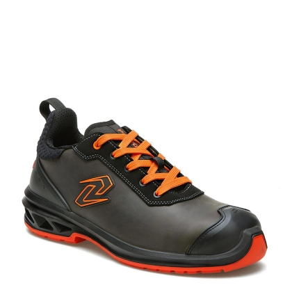Scarpe antinfortunistiche, Pezzol Oceanus, colore nera, lacci arancioni, suola rossa, Calzatura bassa, in pelle fiore