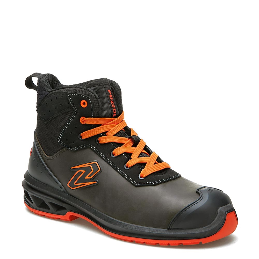 Scarpe antinfortunistiche, Pezzol Kayak, colore nero, lacci arancioni, suola rossa,  Calzatura alta, in pelle fiore