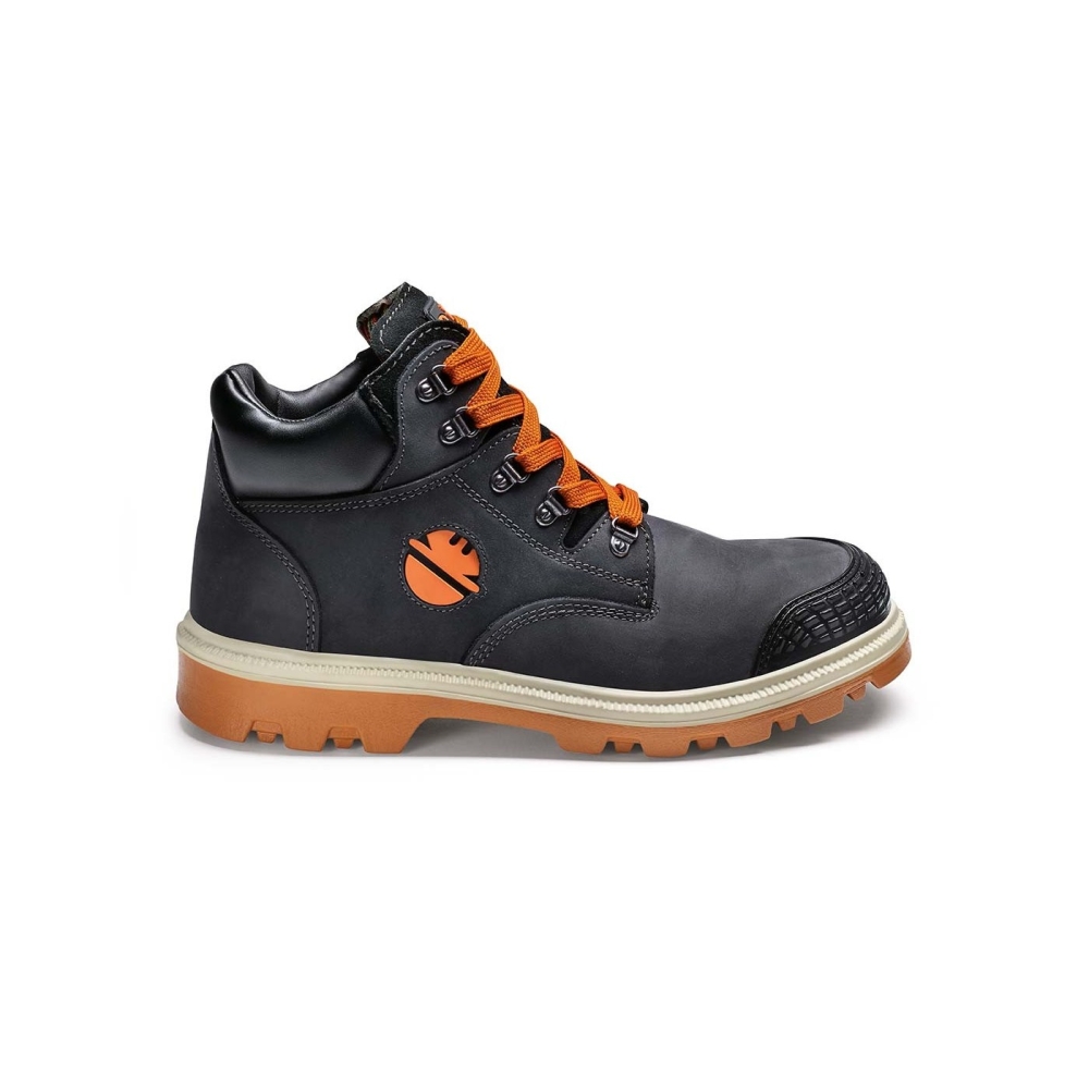 Scarpe  Dike Digger Dint, colore nero, lacci arancioni, suola arancione, Calzatura alta, in nubuck ingrassato