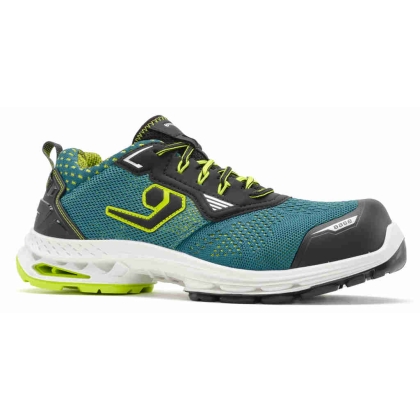Scarpe antinfortunistiche Roma, blu petrolio con dettagli neri e verde fluo e lacci verde fluo in tessuto tecnico.