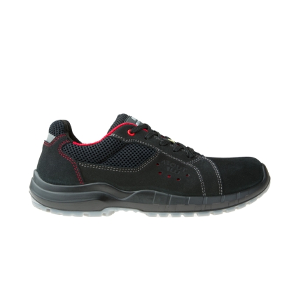 Scarpe da lavoro, marca Aboutblu, nere con inserti rossi, calzatura bassa, lacci neri suola nera, in pelle scamosciata