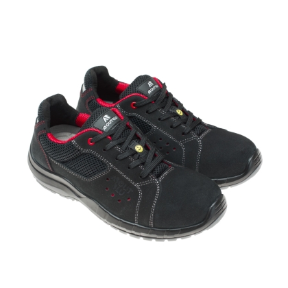 Scarpe da lavoro, marca Aboutblu, nere con inserti rossi, calzatura bassa, lacci neri suola nera, in pelle scamosciata