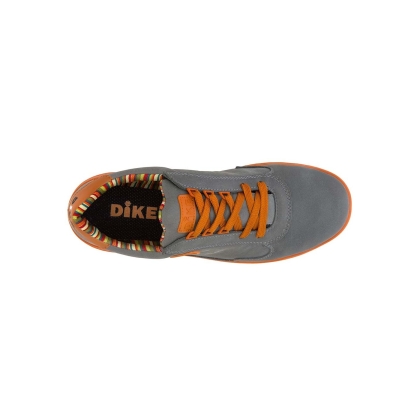 scarpe da lavoro dike cross, S3, colore grigio in tessuto nappa pieno fiore, suola marrone lacci marroni.