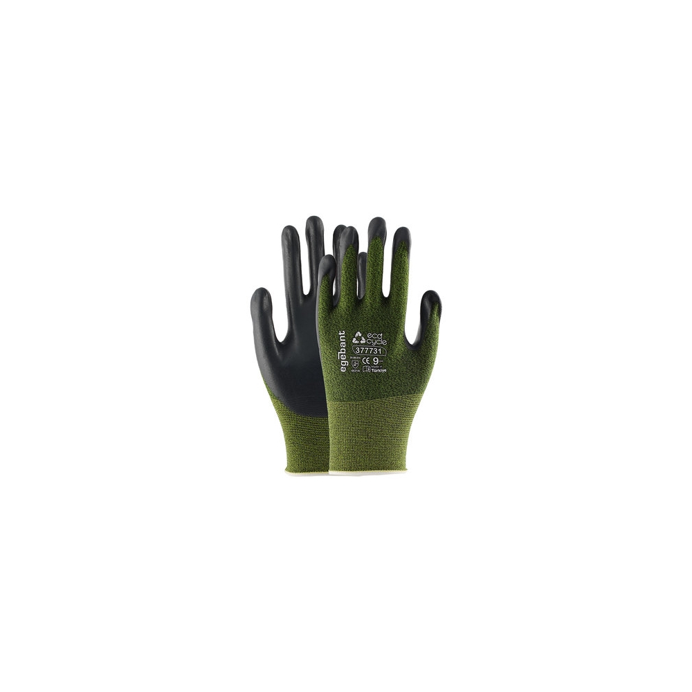 Guanti Eco-Friendly in Nylon Rivestiti in PU con fodera in nylon e spandex + rivestimento in nitrile foam nero.