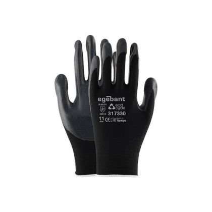Guanti da assemblaggio Egebant Ecocycle 317330 in poliestere nero riciclato con rivestimento in nitrile foam.