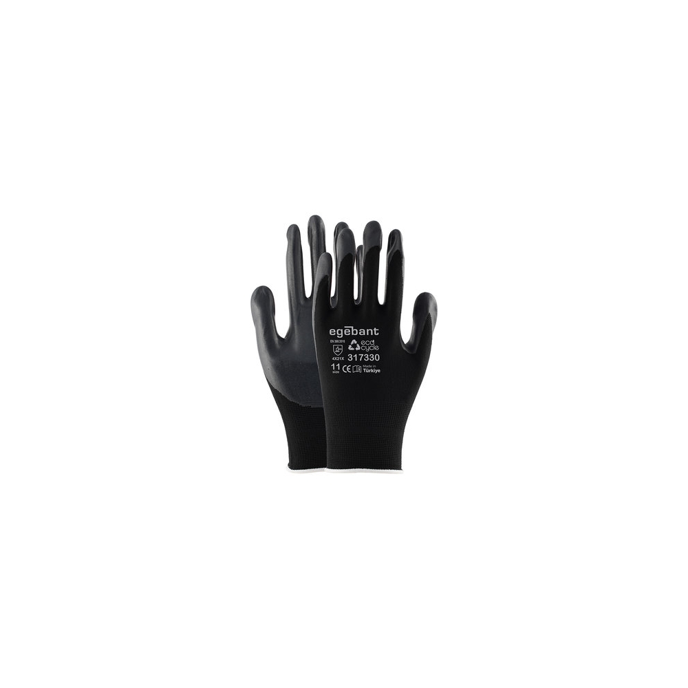 Guanti da assemblaggio Egebant Ecocycle 317330 in poliestere nero riciclato con rivestimento in nitrile foam.