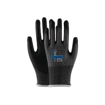 Guanti da lavoro con fodera in HPPE, poliestere e fibra di acciaio, rivestimento in PU micro foam.