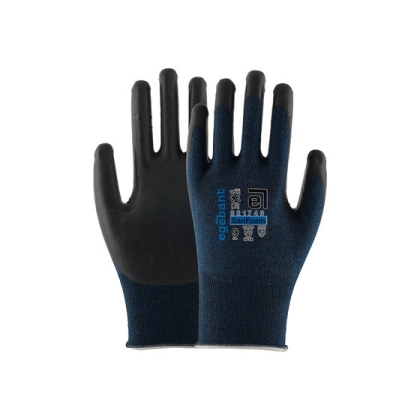 Guanti da assemblaggio Egebant Sanfoam 821740 con fodera in fibra di carbonio, nylon e spandex e rivestimento in nitrile foam.