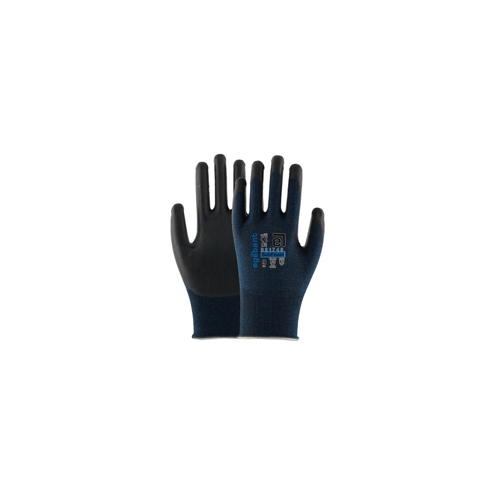 Guanti da assemblaggio Egebant Sanfoam 821740 con fodera in fibra di carbonio, nylon e spandex e rivestimento in nitrile foam.