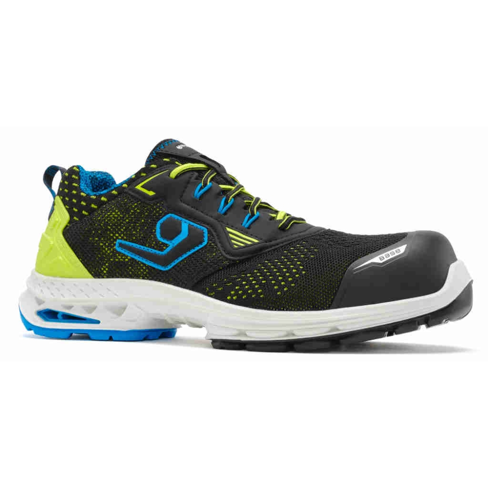 Scarpe antinfortunistiche New York Base, nero con dettagli azzurri e verdi in  tessuto 3D hi-tech.