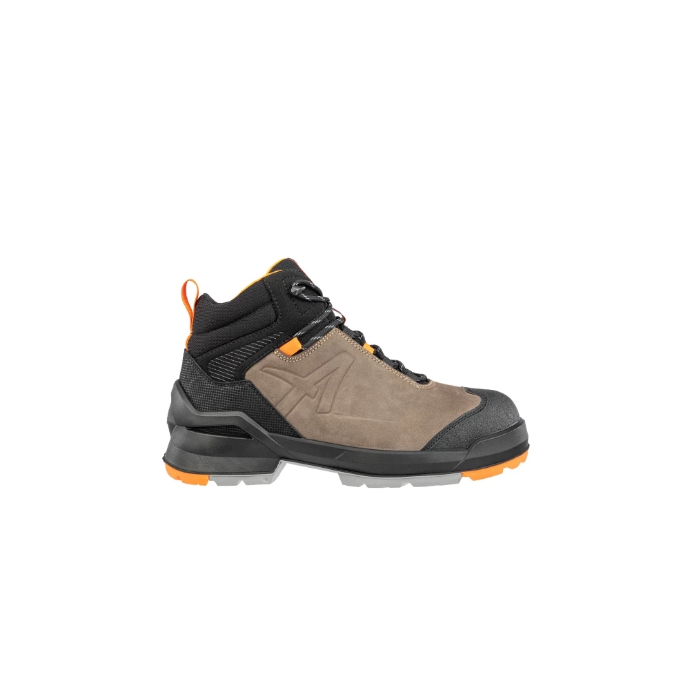 Scarpe antinfortunistiche, Taraval Mid Albatros, scarpa alta scampsciata badge, suola grigia e arancione, pelle nubuk.
