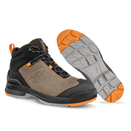 Scarpe antinfortunistiche, Taraval Mid Albatros, scarpa alta scampsciata badge, suola grigia e arancione, pelle nubuk.
