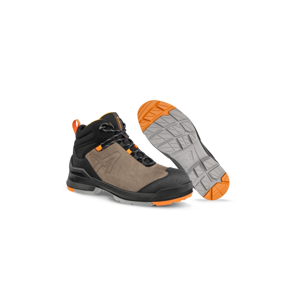 Scarpe antinfortunistiche, Taraval Mid Albatros, scarpa alta scampsciata badge, suola grigia e arancione, pelle nubuk.