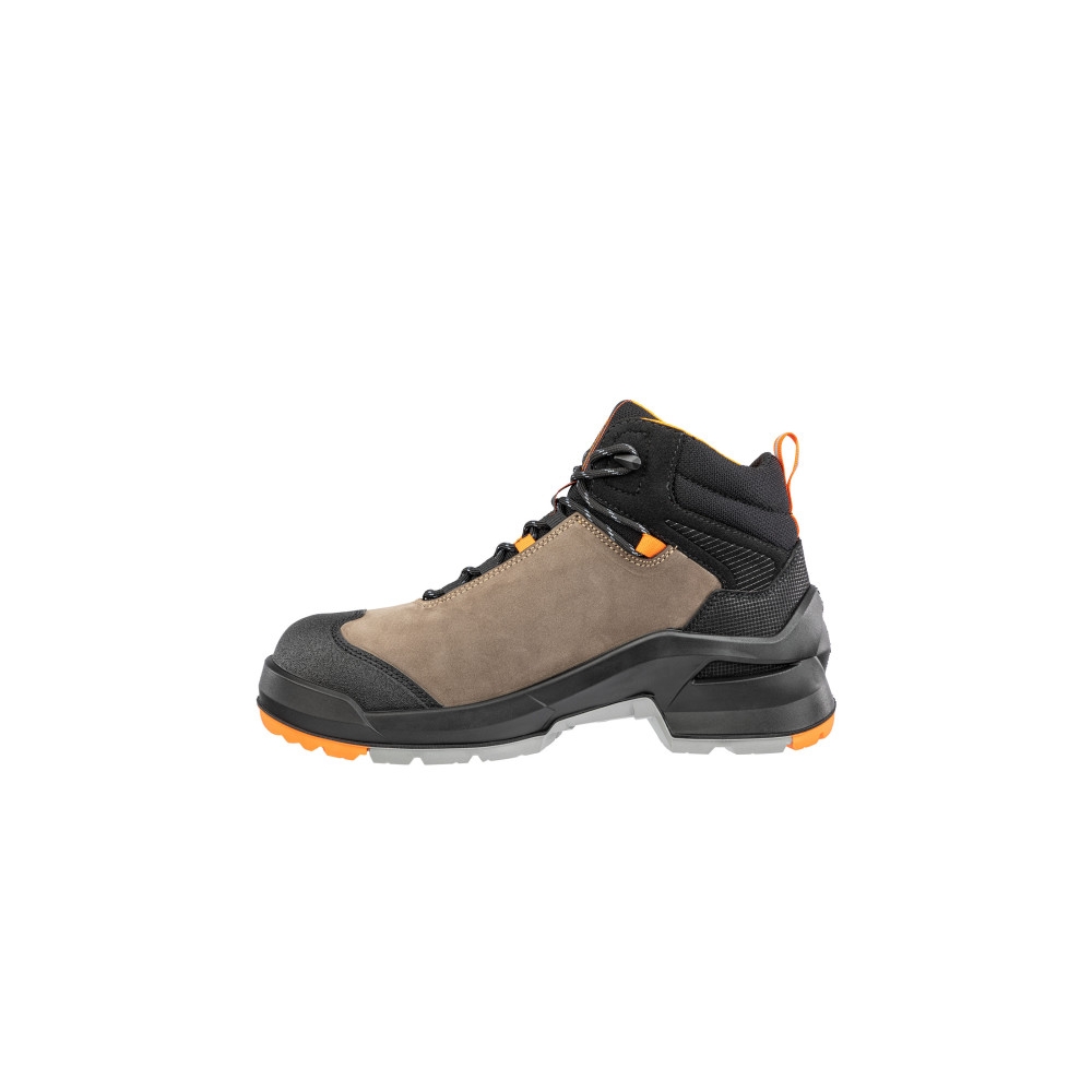 Scarpe antinfortunistiche, Taraval Mid Albatros, scarpa alta scampsciata badge, suola grigia e arancione, pelle nubuk.