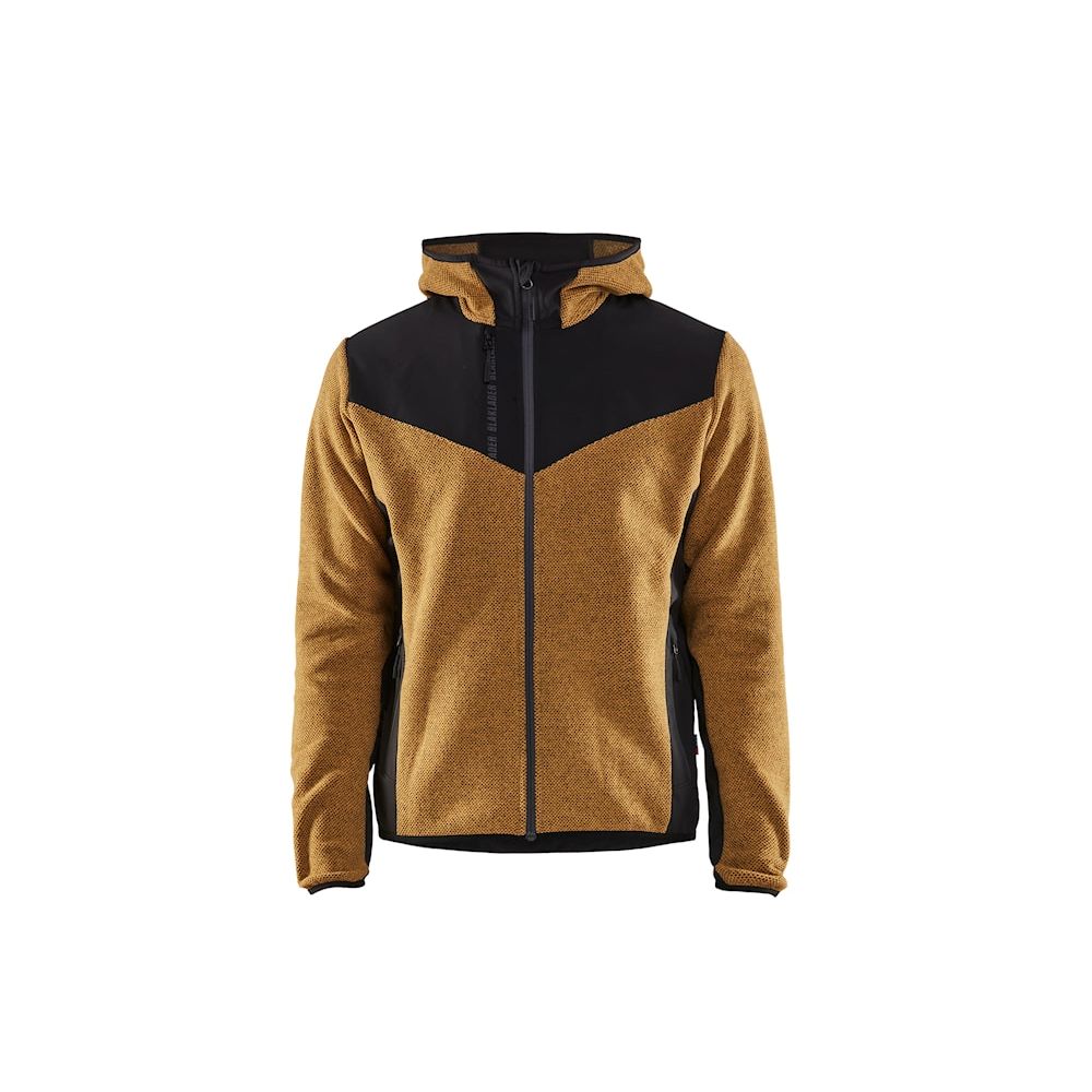 Giacca in maglia, Blaklader, 5940, colore giallo ocra, Tessuto pile spazzolato e stretch, inserti softshell, con cappuccio