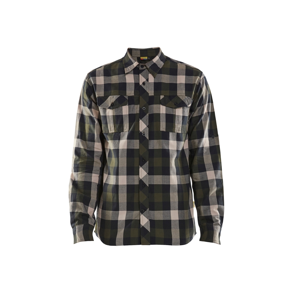 Camicia in flanella Blaklader, verde/nero, 82 % cotone, 18% poliestere, flanella spazzolata su un lato.