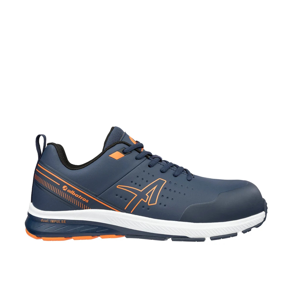 Scarpe antinfortunistiche Albatros Vigor 2 Impulse Low, blu e arancioni  in microfibra resistente e idrorepellente.