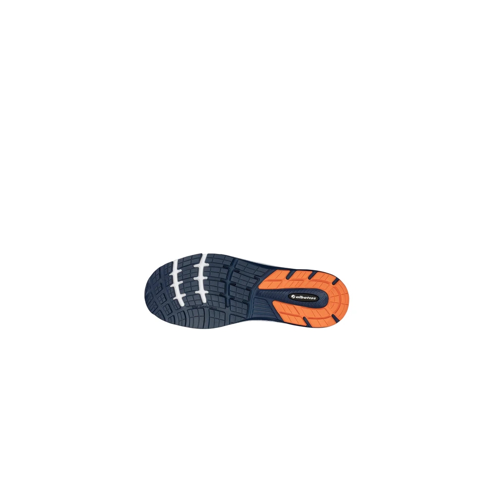 Scarpe antinfortunistiche Albatros Vigor 2 Impulse Low, blu e arancioni  in microfibra resistente e idrorepellente.
