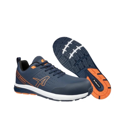 Scarpe antinfortunistiche Albatros Vigor 2 Impulse Low, blu e arancioni  in microfibra resistente e idrorepellente.