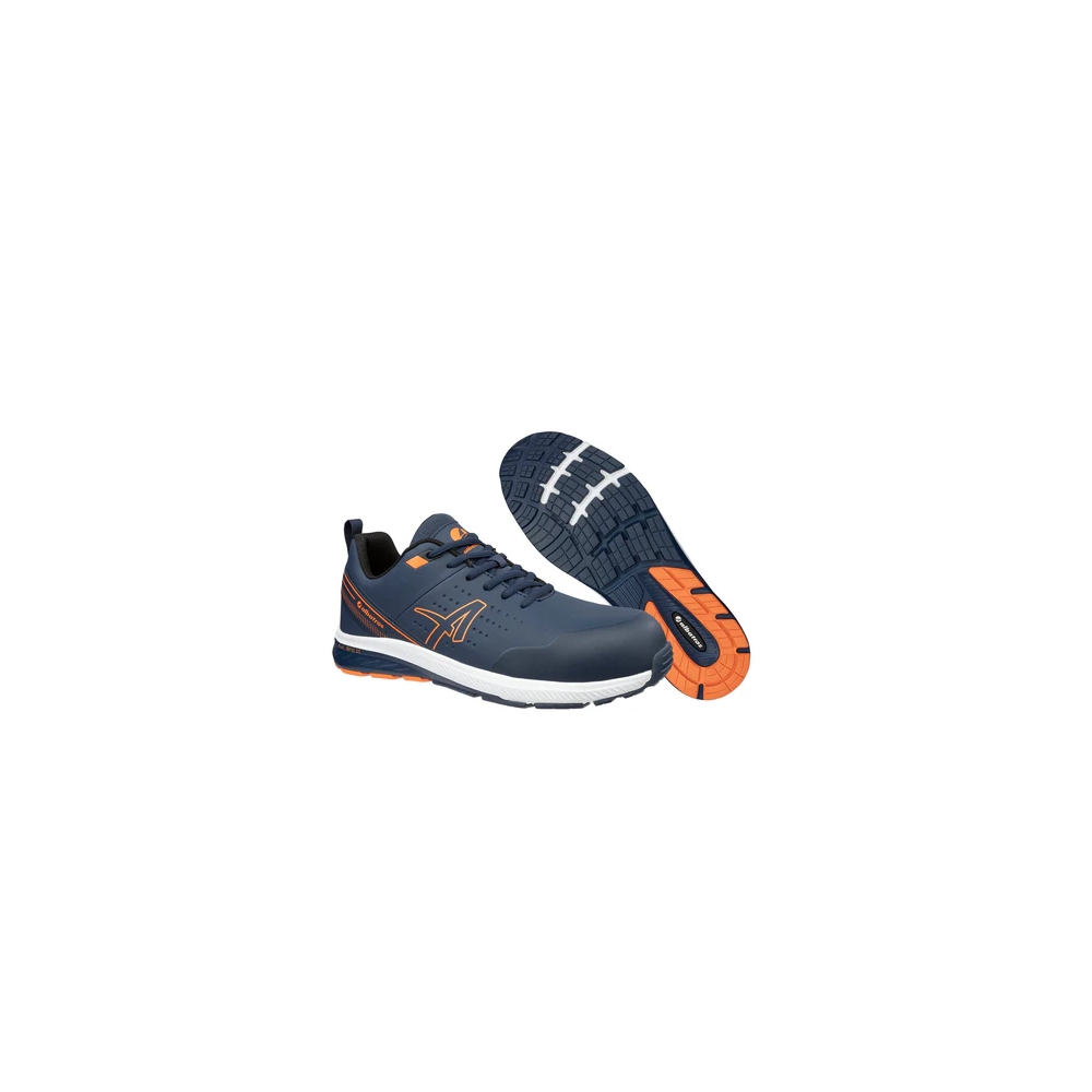 Scarpe antinfortunistiche Albatros Vigor 2 Impulse Low, blu e arancioni  in microfibra resistente e idrorepellente.