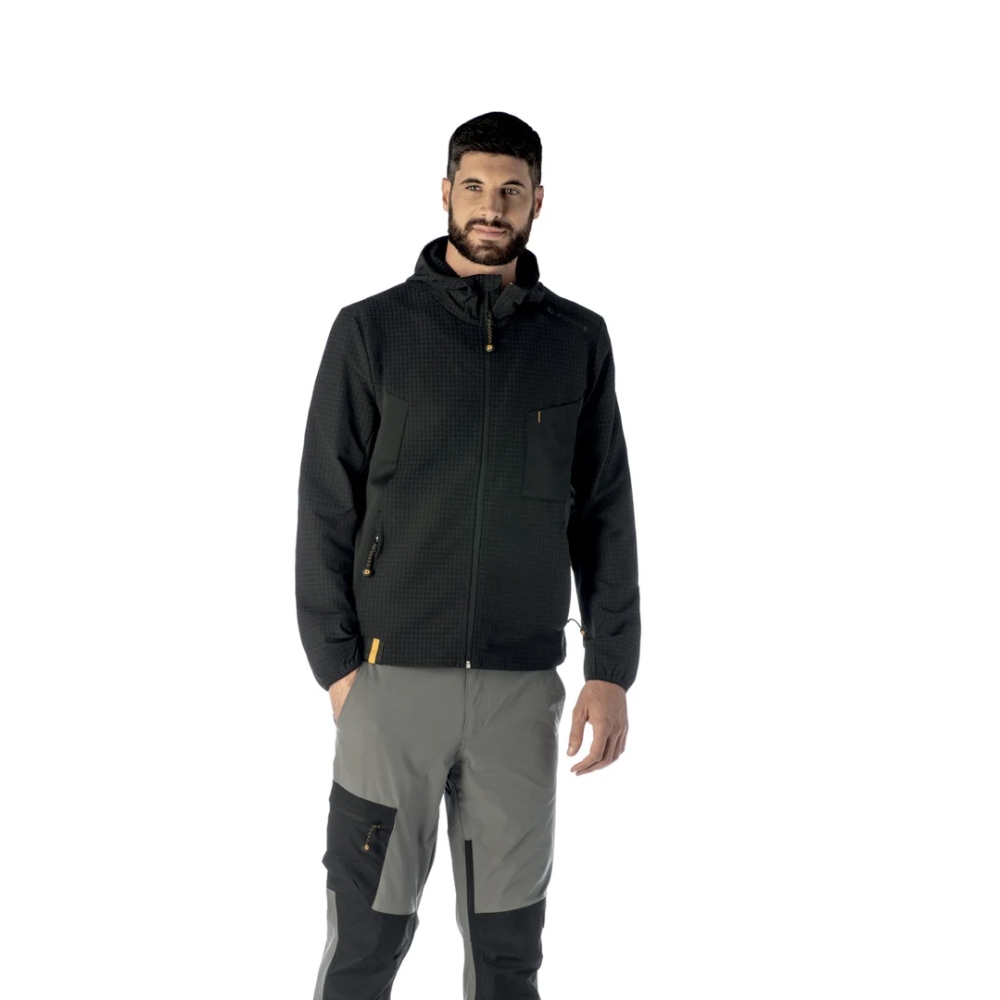Felpa tecnica realizzata in 92% poliestere  8% elastan (190 g/m²) con retro flock, nera.