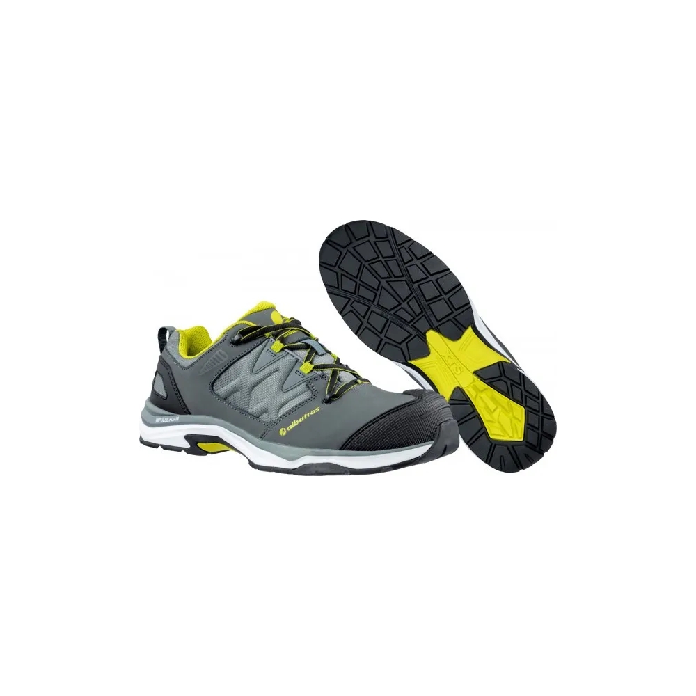 Scarpe Albatros Ultratrail Grey Low, grigie e gialle, con tomaia in pelle e inserti tessili resistenti all'abrasione.