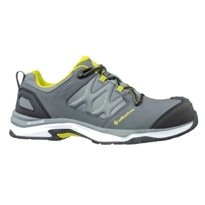 Scarpe Albatros Ultratrail Grey Low, grigie e gialle, con tomaia in pelle e inserti tessili resistenti all'abrasione.