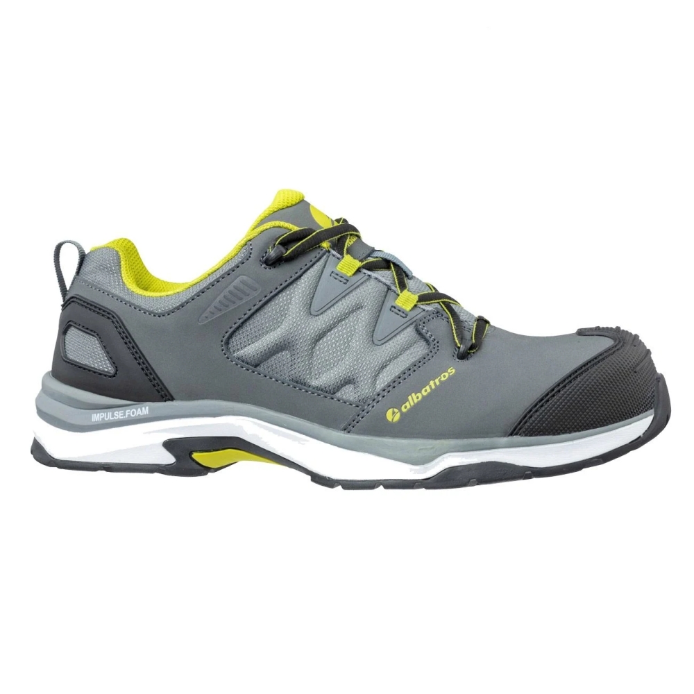 Scarpe Albatros Ultratrail Grey Low, grigie e gialle, con tomaia in pelle e inserti tessili resistenti all'abrasione.