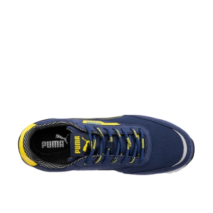 Scarpe antinfortunistiche Puma Rider Blue Low, tomaia mesh sandwich traspirante con microfibra resistente, blu, gialle e nere.