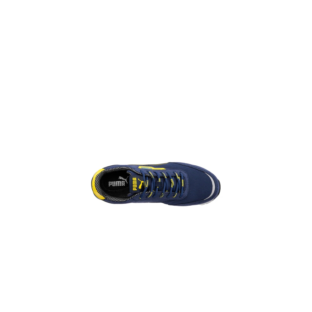Scarpe antinfortunistiche Puma Rider Blue Low, tomaia mesh sandwich traspirante con microfibra resistente, blu, gialle e nere.