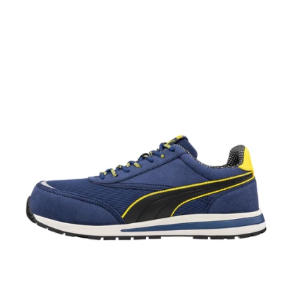 Scarpe antinfortunistiche Puma Rider Blue Low, tomaia mesh sandwich traspirante con microfibra resistente, blu, gialle e nere.