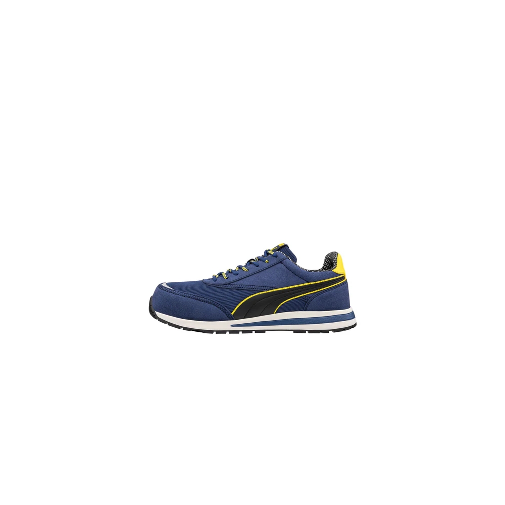 Scarpe antinfortunistiche Puma Rider Blue Low, tomaia mesh sandwich traspirante con microfibra resistente, blu, gialle e nere.