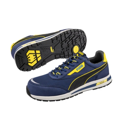 Scarpe antinfortunistiche Puma Rider Blue Low, tomaia mesh sandwich traspirante con microfibra resistente, blu, gialle e nere.