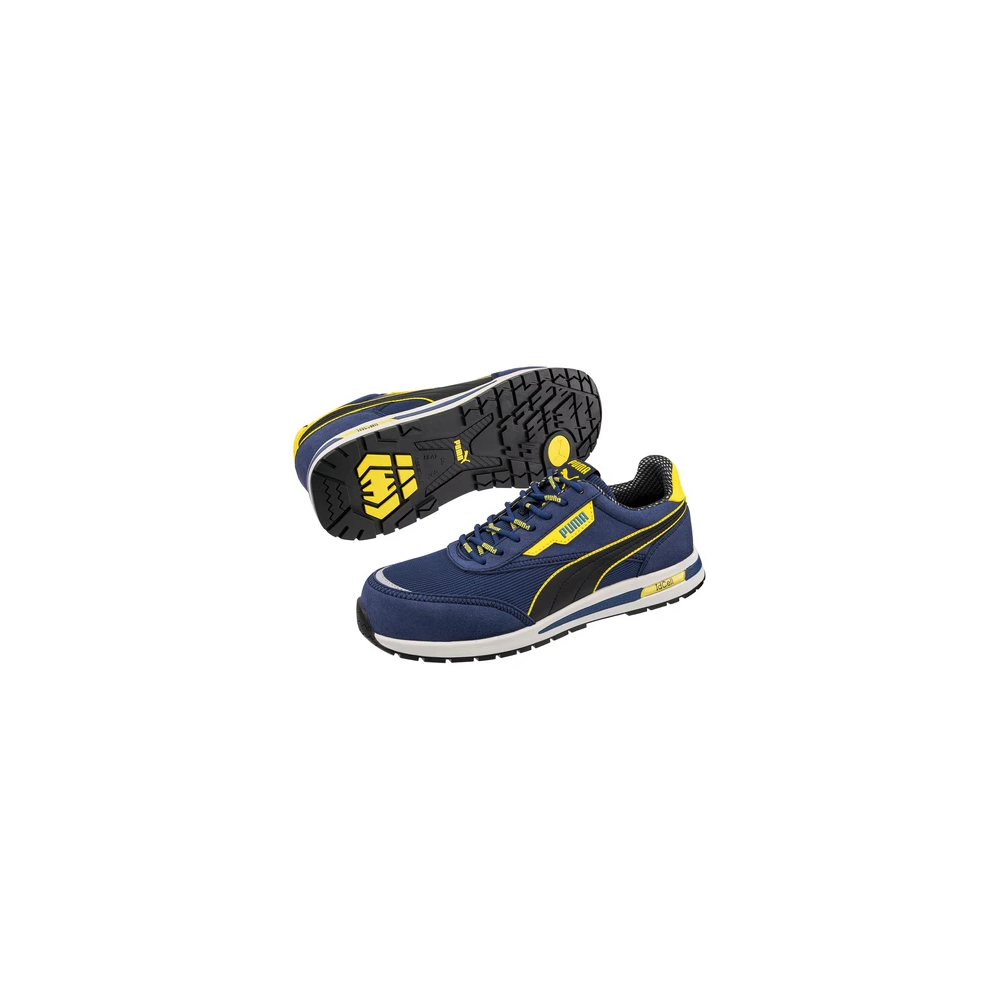 Scarpe antinfortunistiche Puma Rider Blue Low, tomaia mesh sandwich traspirante con microfibra resistente, blu, gialle e nere.
