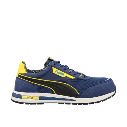Scarpe antinfortunistiche Puma Rider Blue Low, tomaia mesh sandwich traspirante con microfibra resistente, blu, gialle e nere.