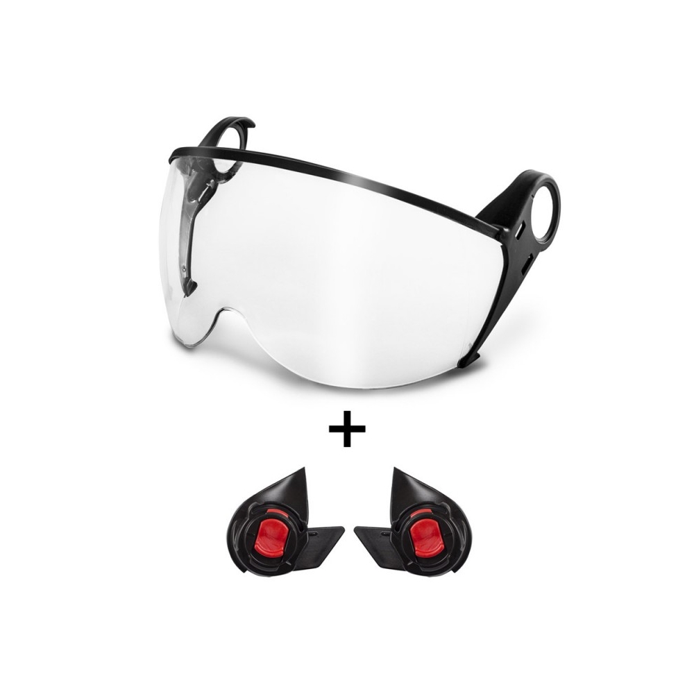 Kit composto da visiera panoramica in policarbonato con trattamento antiappannamento e antigraffio con adattatori.