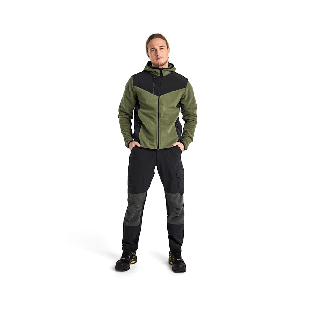 Giacca in maglia, Blaklader, 5940, colore verde militare, Tessuto pile spazzolato e stretch, inserti softshell, con cappuccio