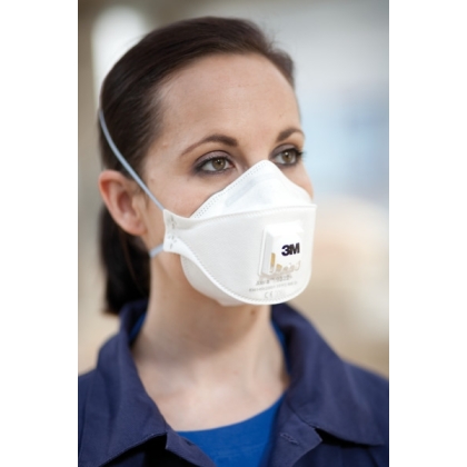Respiratore 3M 9332+, antipolvere, con valvola, bianca, indossata da un operatore, serie Aura