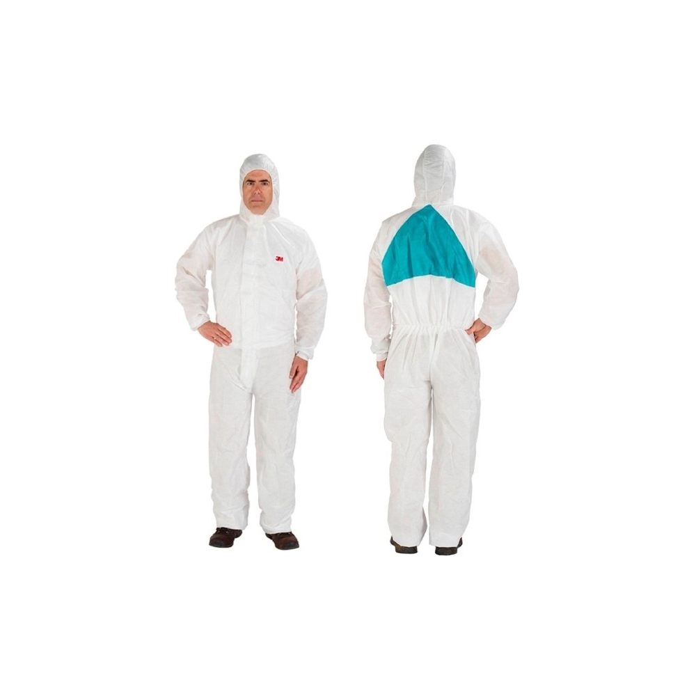 Tuta protettiva monouso 3M, 4520, colore bianco, con cappuccio, indossata da un operatore